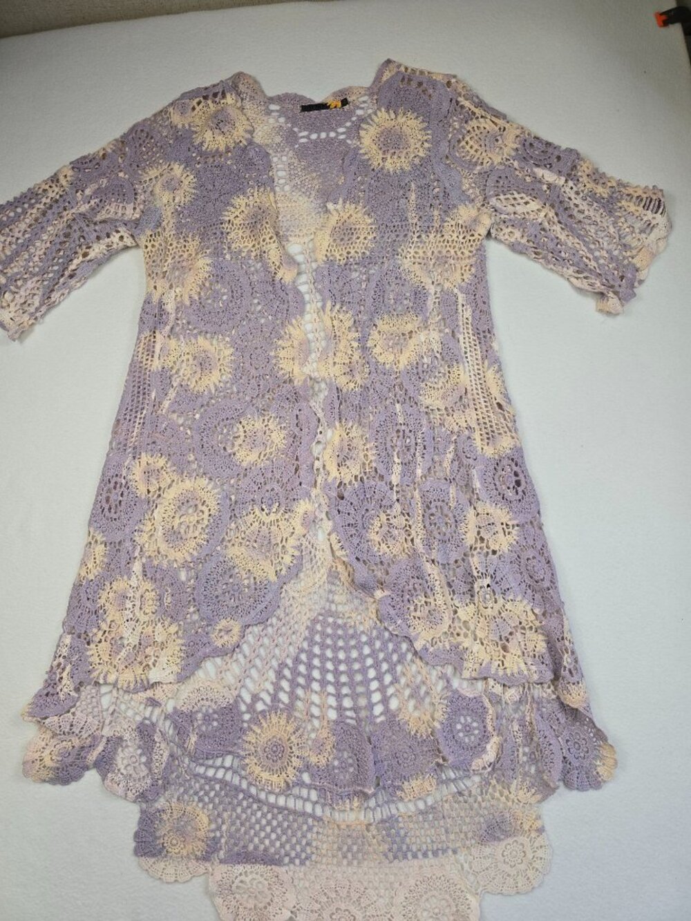 Origami Lavender Purple Lace Crochet Cardigan Top With 3/4 Sleeves Size S/M Boho